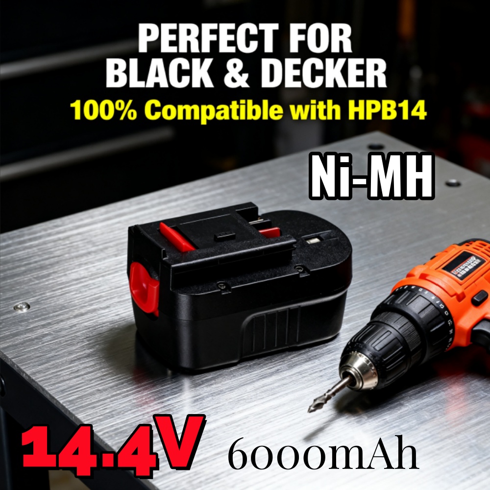 Black+Decker Tool Cordless - แบตเตอรี่ Ni-MH 14.4V 6000mAh รุ่นอัปเกรดสำหรับ Black